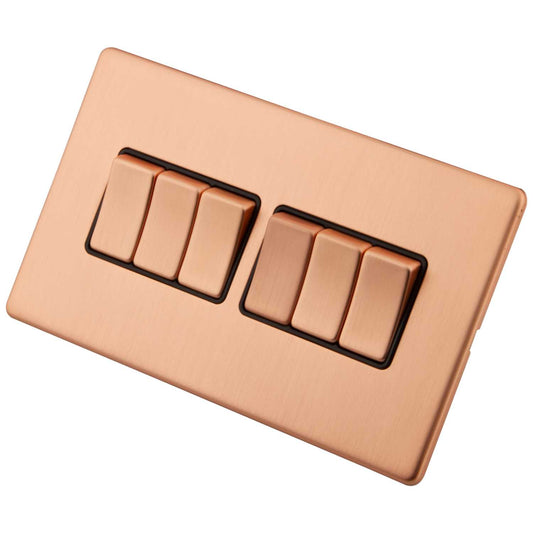M2 Decorative Screwless 10A 6 Gang 2 Way Light Switch Black Insert Copper