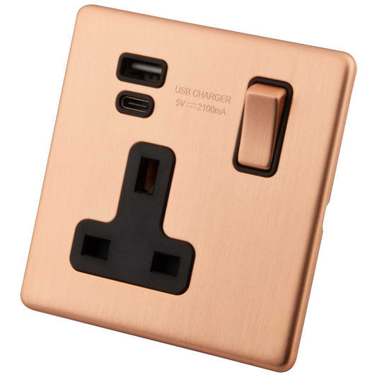 M2 Decorative Screwless 13A 1 Gang Socket with Type A and Type C USB Black Insert Copper