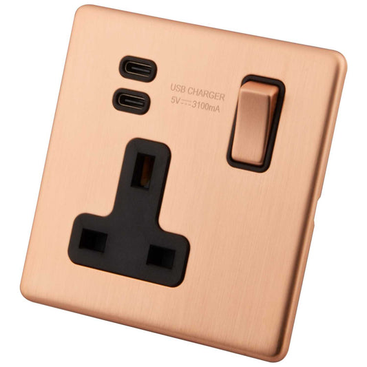M2 Decorative Screwless 13A 1 Gang Switched Socket with 2 x Type C USB Black Insert Copper