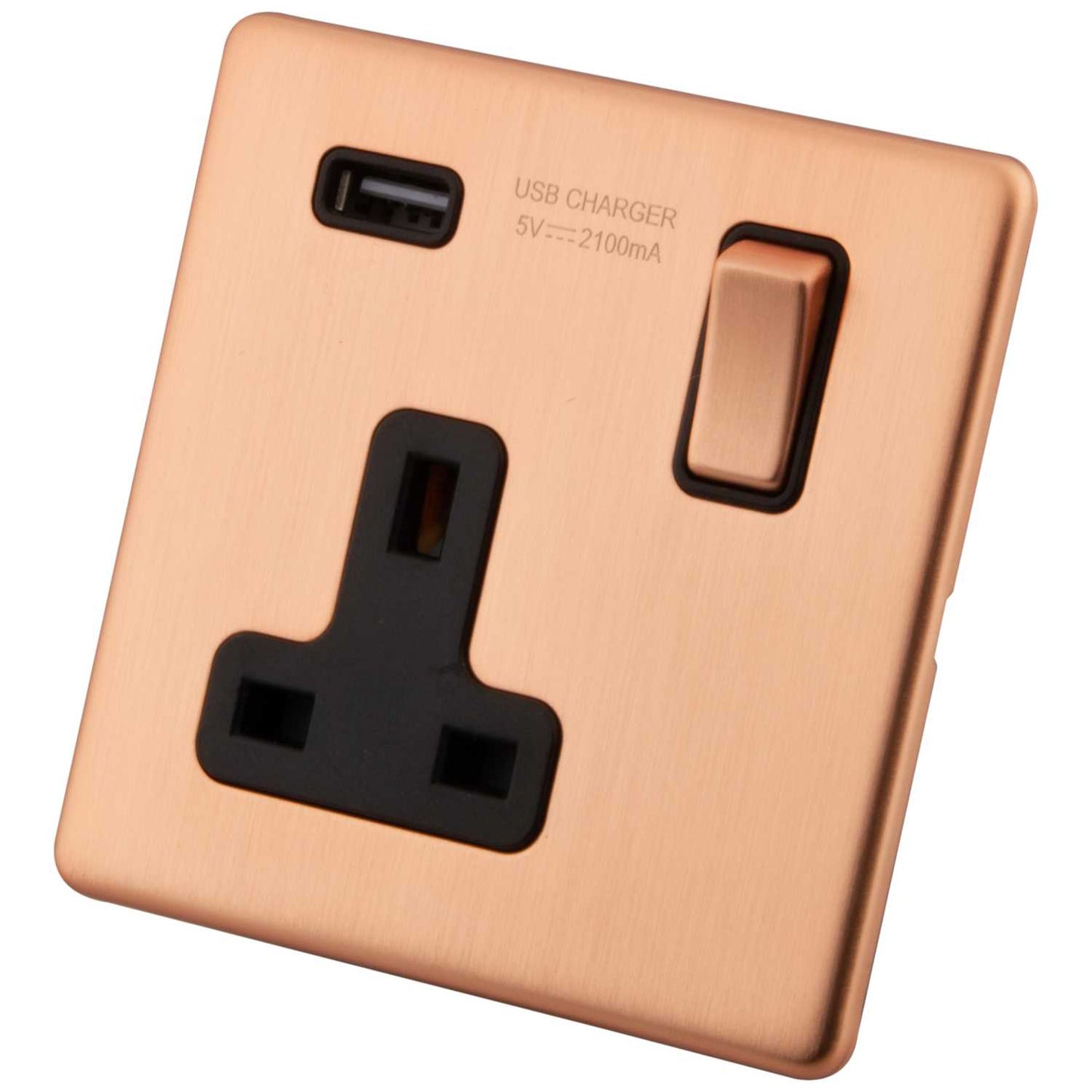 M2 Decorative Screwless 13A 1 Gang Switched Socket with 2.1A USB Outlet Black Insert Copper