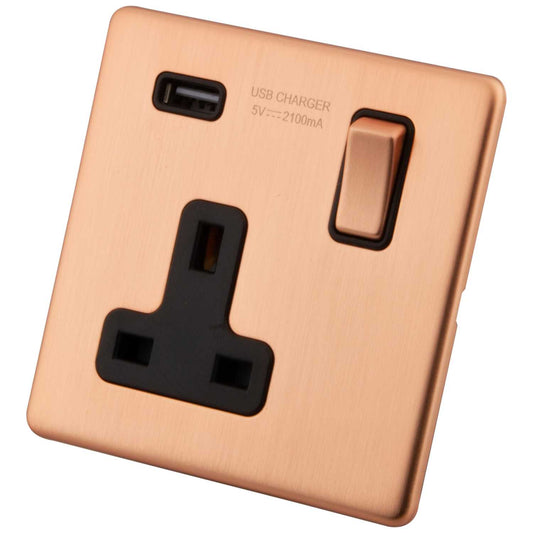 M2 Decorative Screwless 13A 1 Gang Switched Socket with 2.1A USB Outlet Black Insert Copper