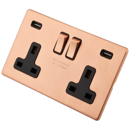 M2 Decorative Screwless 13A 2 Gang Switched Socket with Twin 3.1A USB Black Insert Copper