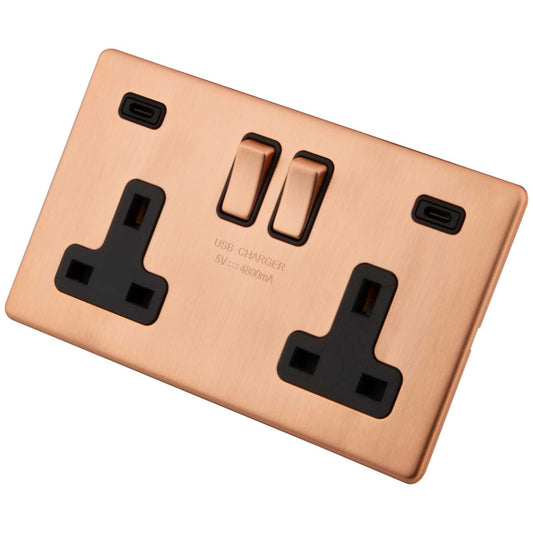 M2 Decorative Screwless 13A 2 Gang Switched Socket with 2 x Type C USB Outlets Black Insert Copper