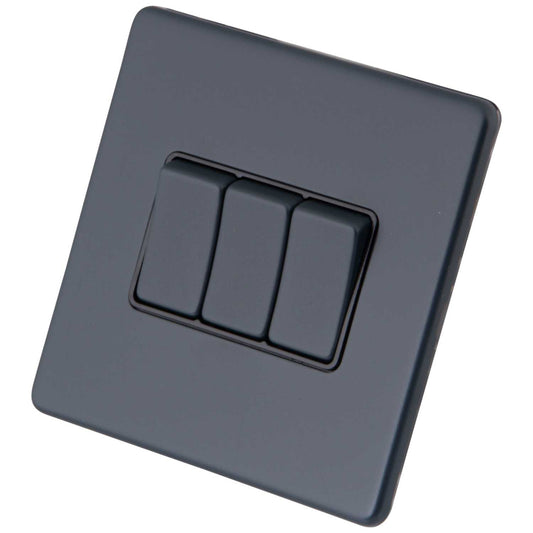 M2 Decorative Screwless 10AX 3 Gang 2 Way Light Switch Black Insert Granite Blue