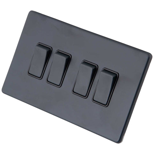 M2 Decorative Screwless 10AX 4 Gang 2 Way Light Switch Black Insert Granite Blue