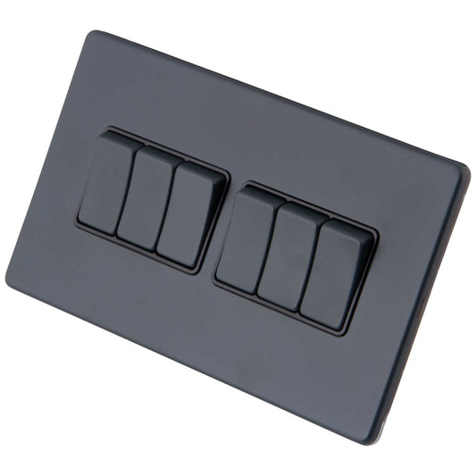 M2 Decorative Screwless 10AX 6 Gang 2 Way Light Switch Black Insert Granite Blue