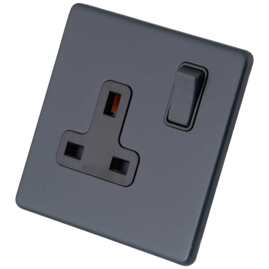 M2 Decorative Screwless 13A 1 Gang DP Switched Socket Black Insert Granite Blue