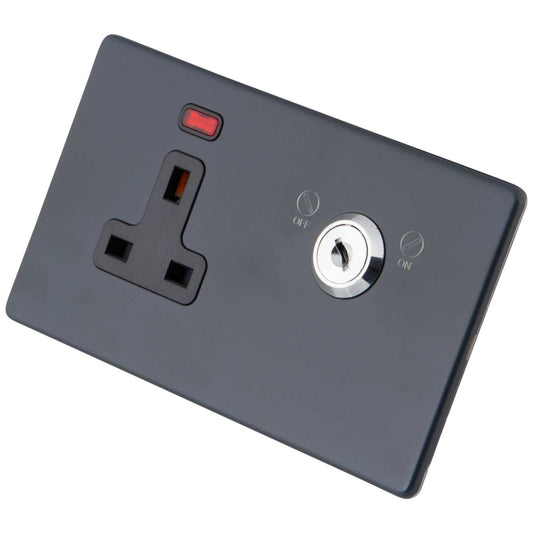 M2 Decorative Screwless 13A DP Key Lockable Socket Black Insert Granite Blue