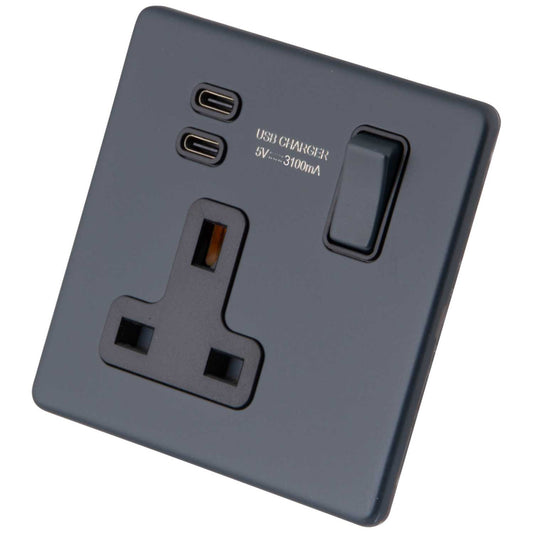 M2 Decorative Screwless 13A 1 Gang Switched Socket with 2 x Type C USB Black Insert Granite Blue