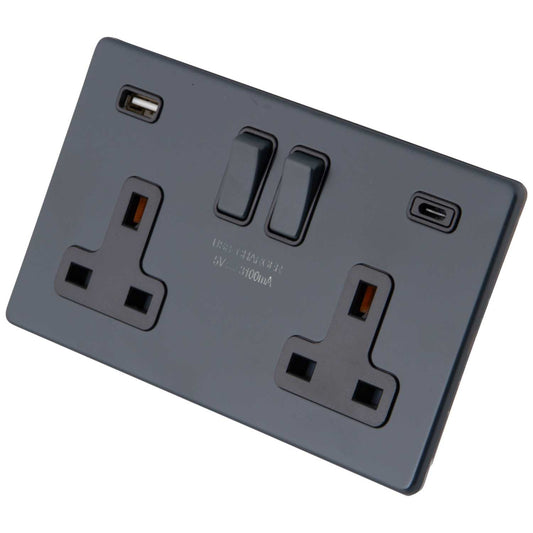 M2 Decorative Screwless 13A 2 Gang Socket 3.1A with 1 x Type A 1 x Type C USB Black Insert Granite Blue