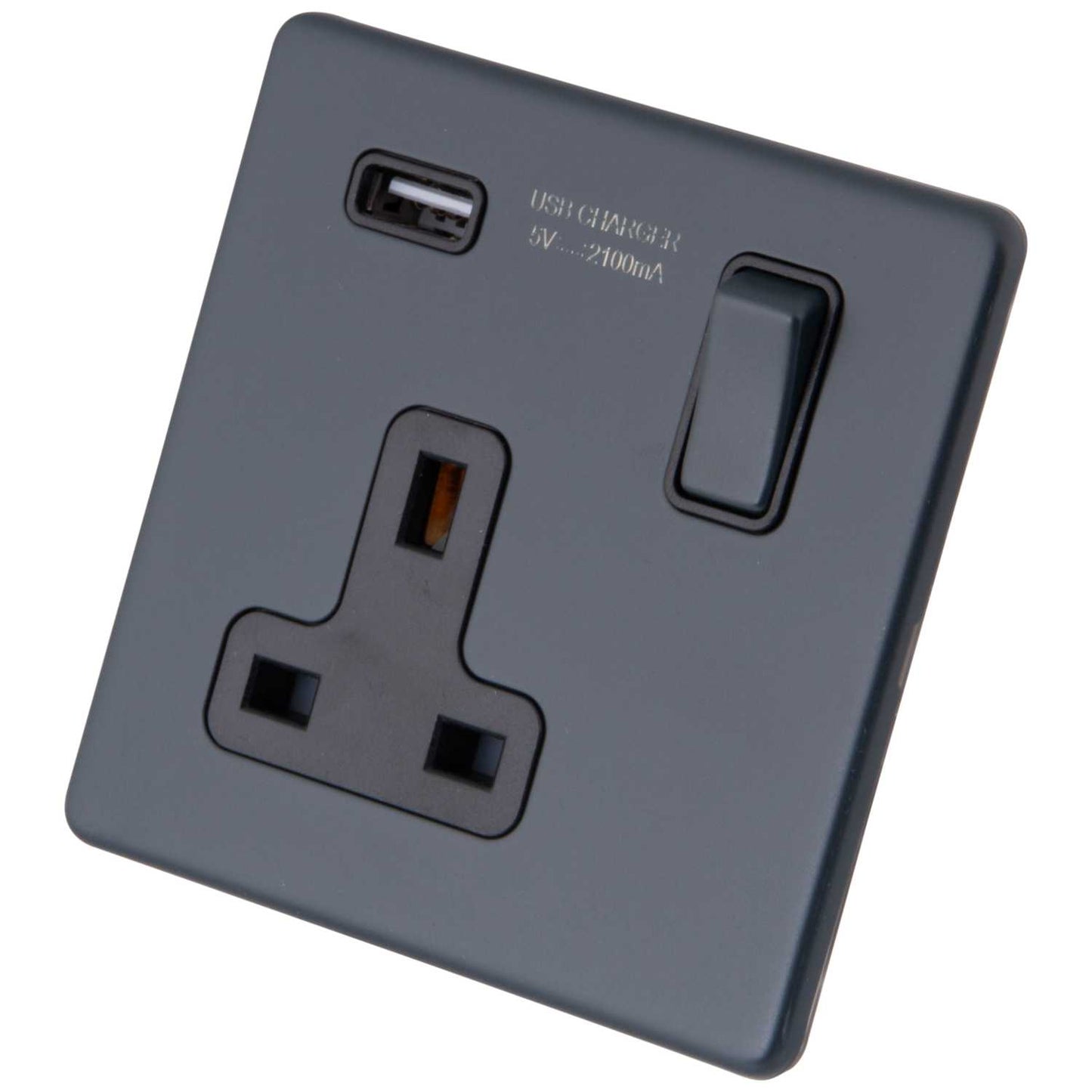 M2 Decorative Screwless 13A 1 Gang Switched Socket with 2.1A USB Outlet Black Insert Granite Blue