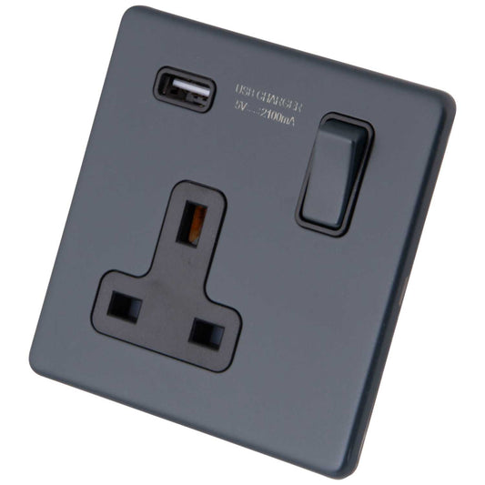 M2 Decorative Screwless 13A 1 Gang Switched Socket with 2.1A USB Outlet Black Insert Granite Blue