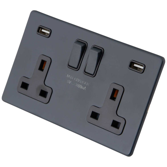 M2 Decorative Screwless 13A 2 Gang Switched Socket Twin USB Black Insert Granite Blue