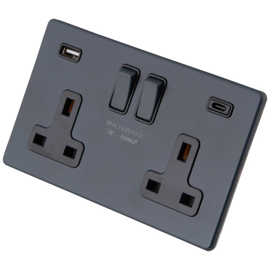 M2 Decorative Screwless 13A 2 Gang Socket with 1 x Type A and 1 x Type C USB Black Insert Granite Blue