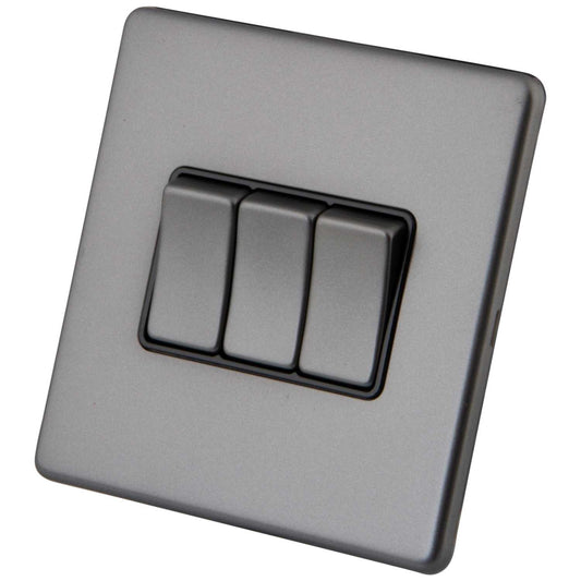 M2 Decorative Screwless 10A 3 Gang 2 Way Light Switch Black Insert Gunmetal