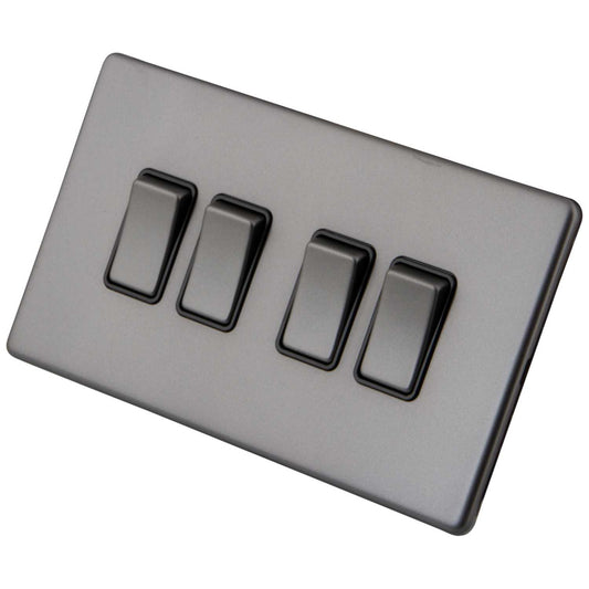 M2 Decorative Screwless 10A 4 Gang 2 Way Light Switch Black Insert Gunmetal