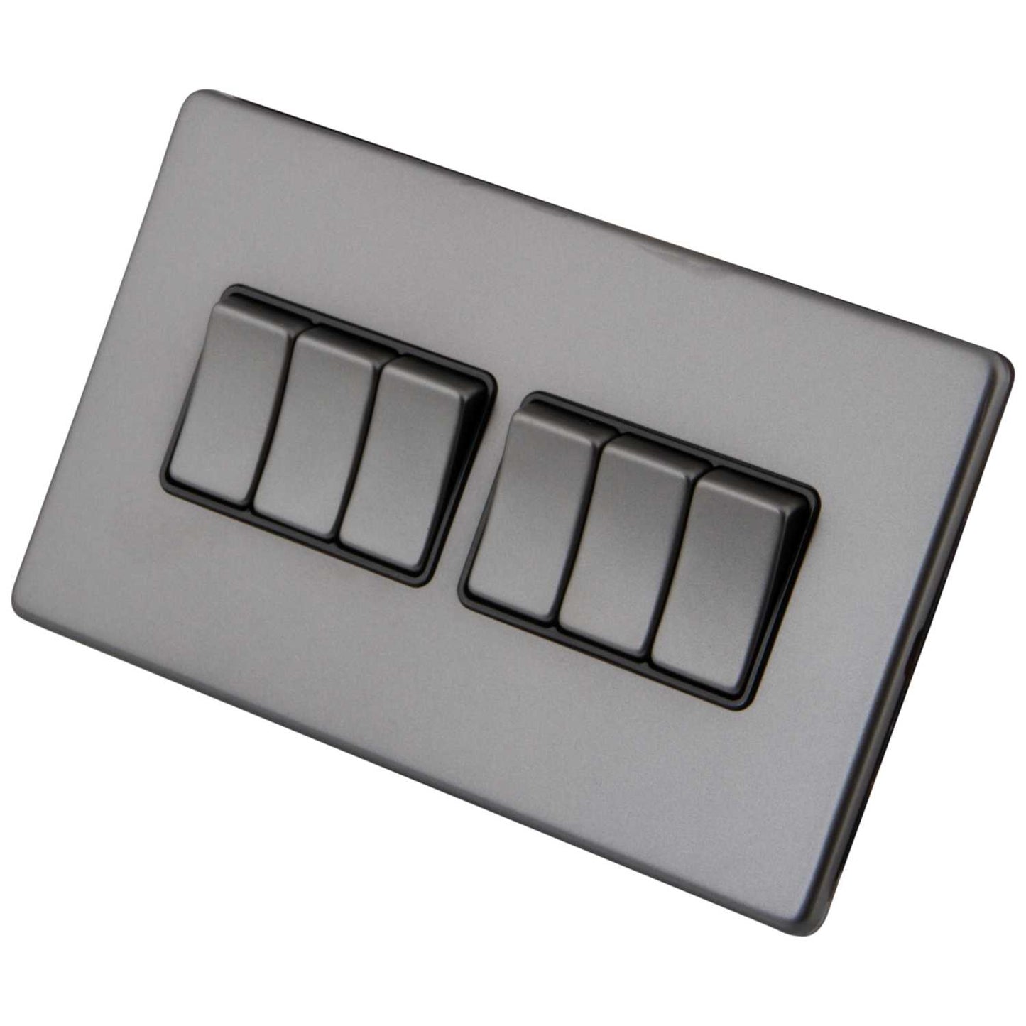 M2 Decorative Screwless 10A 6 Gang 2 Way Light Switch Black Insert Gunmetal