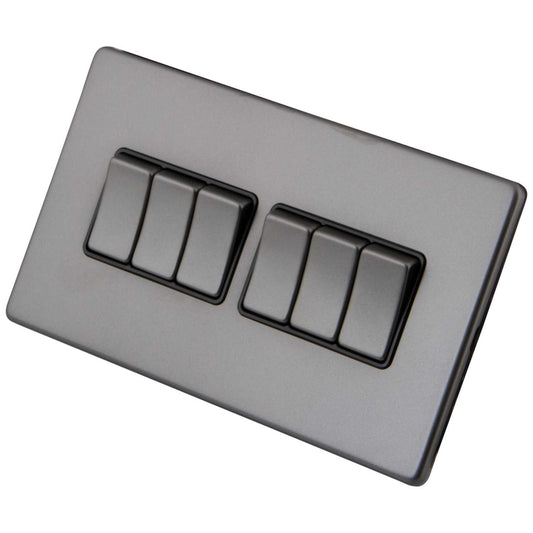 M2 Decorative Screwless 10A 6 Gang 2 Way Light Switch Black Insert Gunmetal