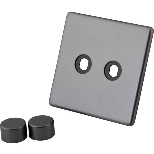 M2 Decorative Screwless 2 Gang Unfurnished Dimmer Plate and Knobs Gunmetal