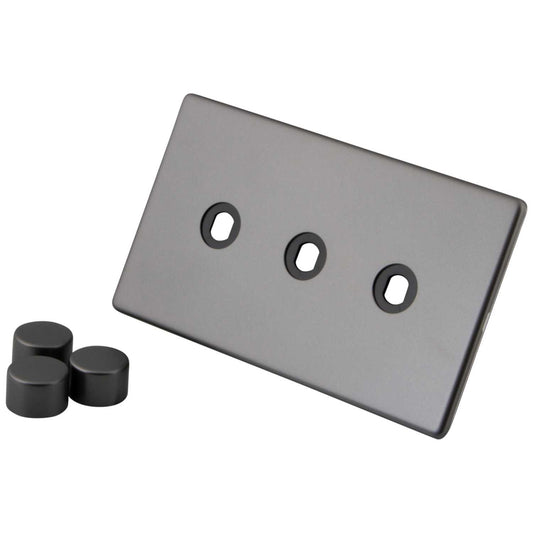 M2 Decorative Screwless 3 Gang Unfurnished Dimmer Plate and Knobs Gunmetal