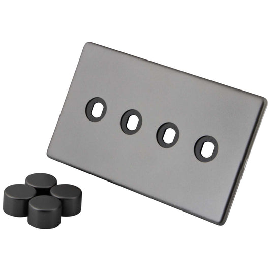 M2 Decorative Screwless 4 Gang Unfurnished Dimmer Plate and Knobs Gunmetal
