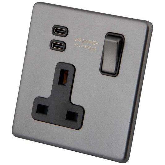 M2 Decorative Screwless 13A 1 Gang Switched Socket with 2 x Type C USB Outlets Black Insert Gunmetal
