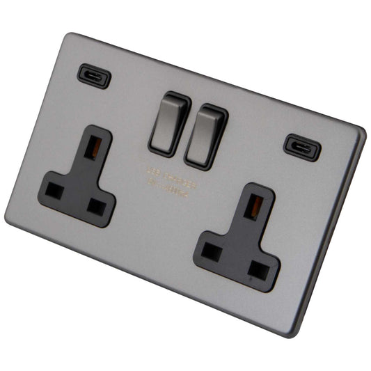 M2 Decorative Screwless 13A 2 Gang Switched Socket with 2 x Type C USB Outlets Black Insert Gunmetal