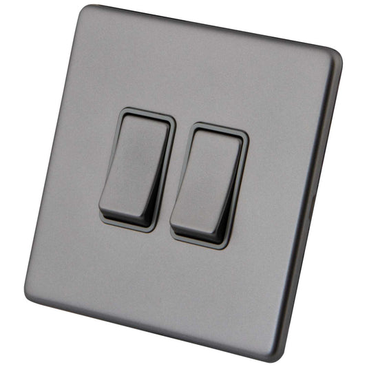M2 Decorative Screwless 10A 2 Gang 2 Way Light Switch Grey Insert Gunmetal