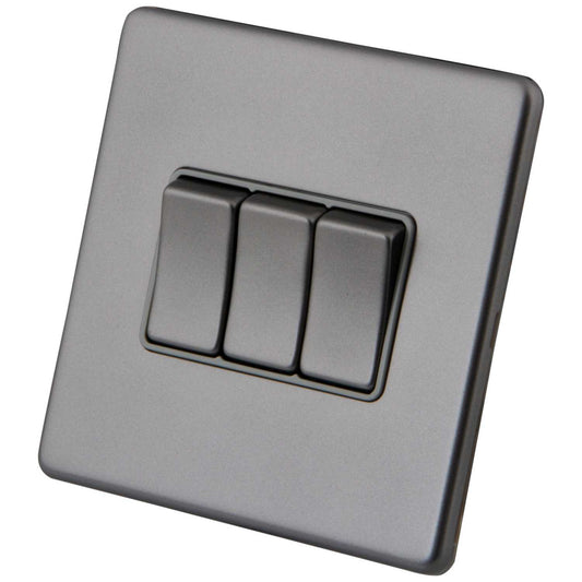 M2 Decorative Screwless 10A 3 Gang 2 Way Light Switch Grey Insert Gunmetal