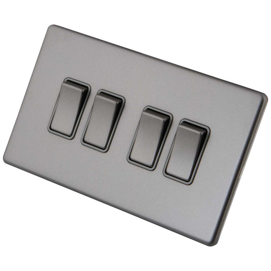 M2 Decorative Screwless 10A 4 Gang 2 Way Light Switch Grey Insert Gunmetal