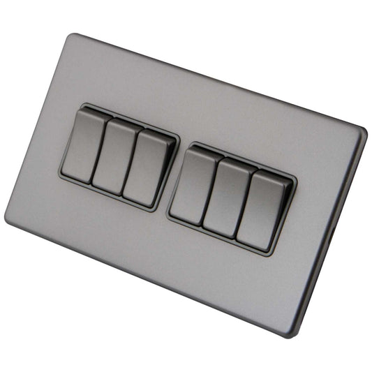M2 Decorative Screwless 10A 6 Gang 2 Way Light Switch Grey Insert Gunmetal