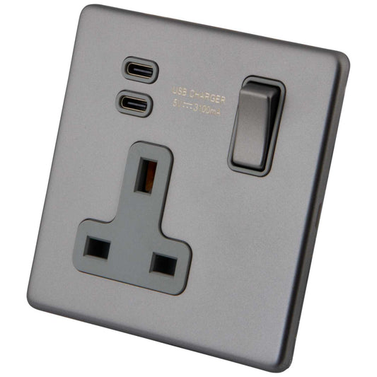 M2 Decorative Screwless 13A 1 Gang Switched Socket 2 x Type C USB Grey Insert Gunmetal