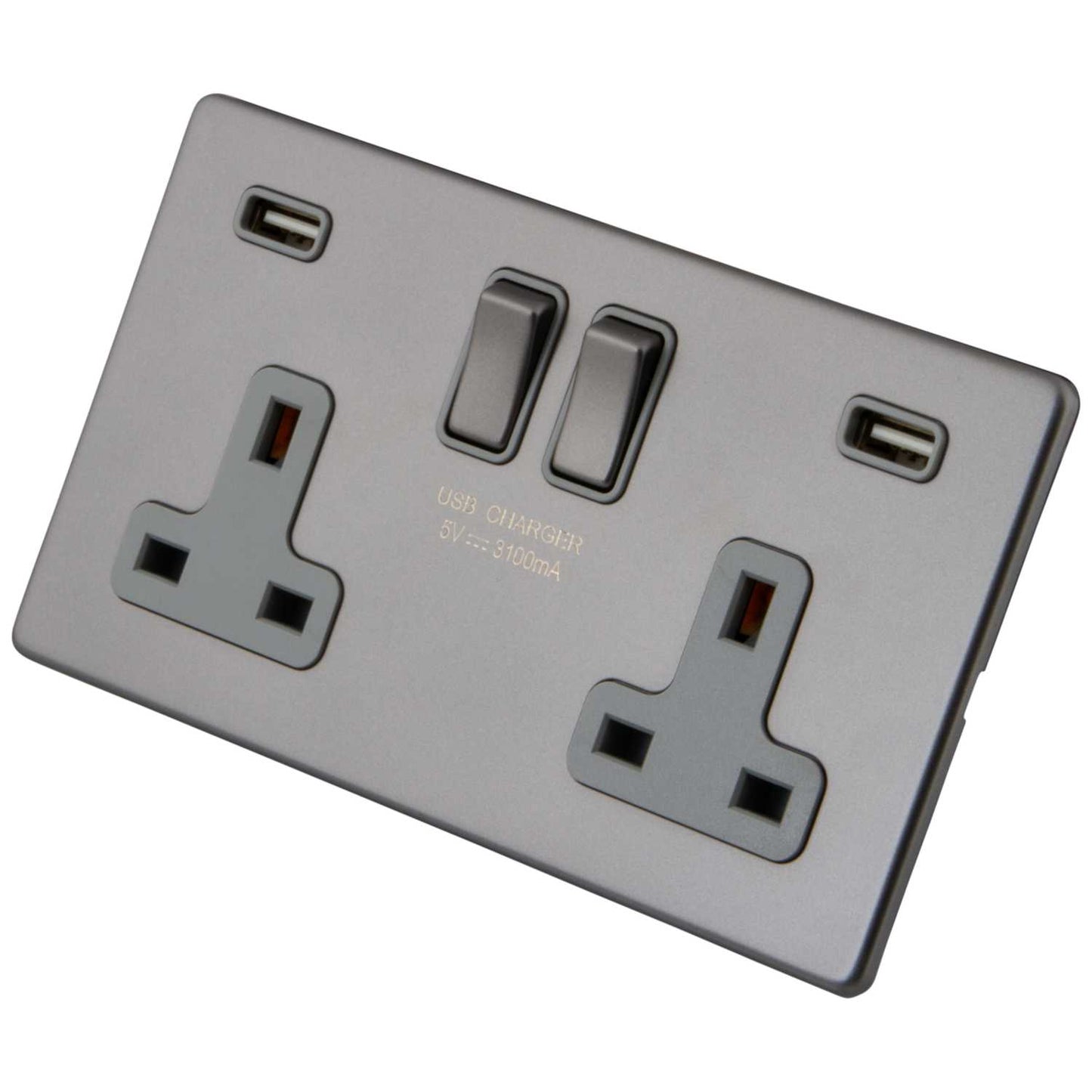 M2 Decorative Screwless 13A 2 Gang Switched Socket Twin USB Grey Insert Gunmetal