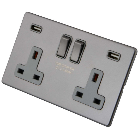 M2 Decorative Screwless 13A 2 Gang Switched Socket Twin USB Grey Insert Gunmetal