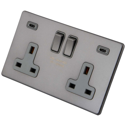 M2 Decorative Screwless 13A 2 Gang Switched Socket 2 x Type C USB Grey Insert Gunmetal
