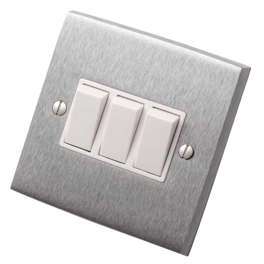 Heritage Brass 6A 3 Gang 2 Way Light Switch White Insert Satin Chrome