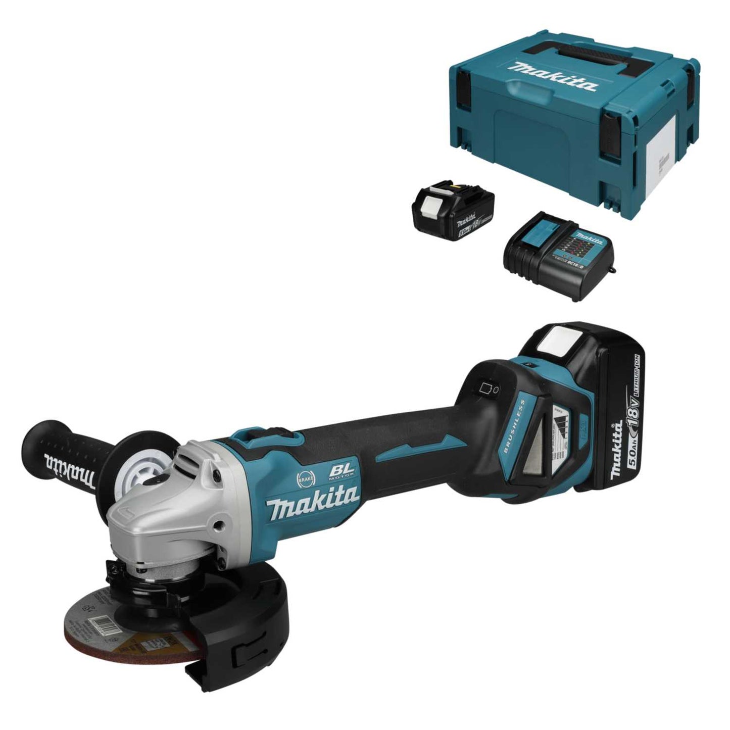 Makita DGA513STJ 18V LXT 125mm Angle Grinder with Slide Switch and 2 x 5.0Ah Batteries