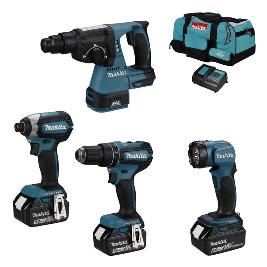 Makita DLX4138TX1 18V 4 Piece Combi Kit with 3 x 5.0Ah Batteries