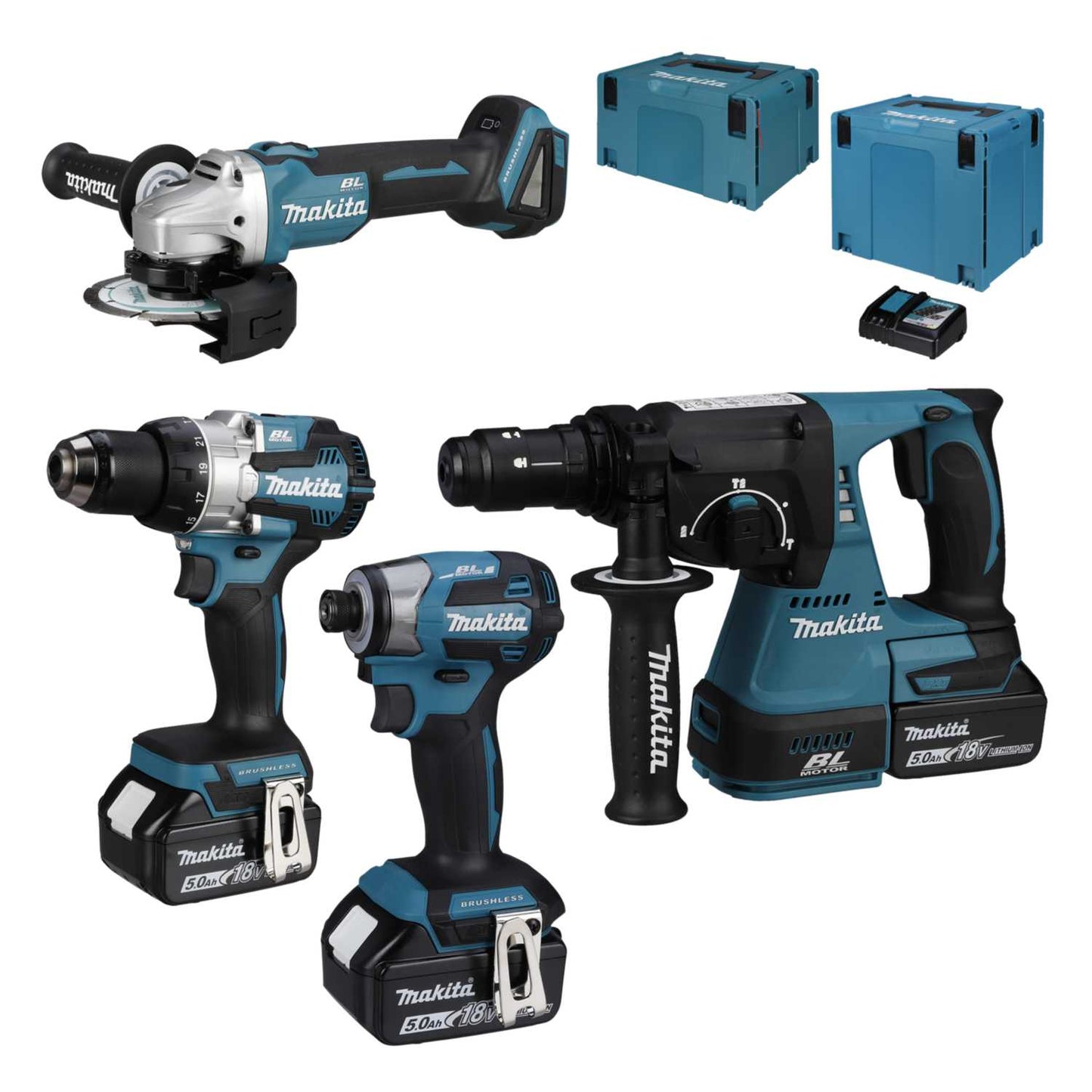 Makita DLX4195JX1 18V 4 Piece Combi Kit with 3 x 5.0Ah Batteries