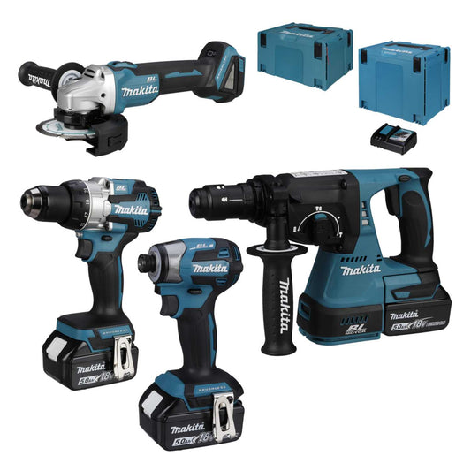 Makita DLX4195JX1 18V 4 Piece Combi Kit with 3 x 5.0Ah Batteries