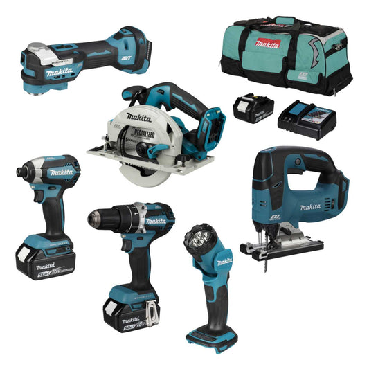 Makita DLX6132TX1 18V 6 Piece Wood Working Kit with 3 x 5.0Ah Batteries