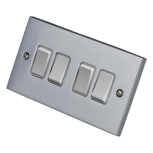 Heritage Brass 6A 4 Gang 2 Way Light Switch White Insert Polished Chrome