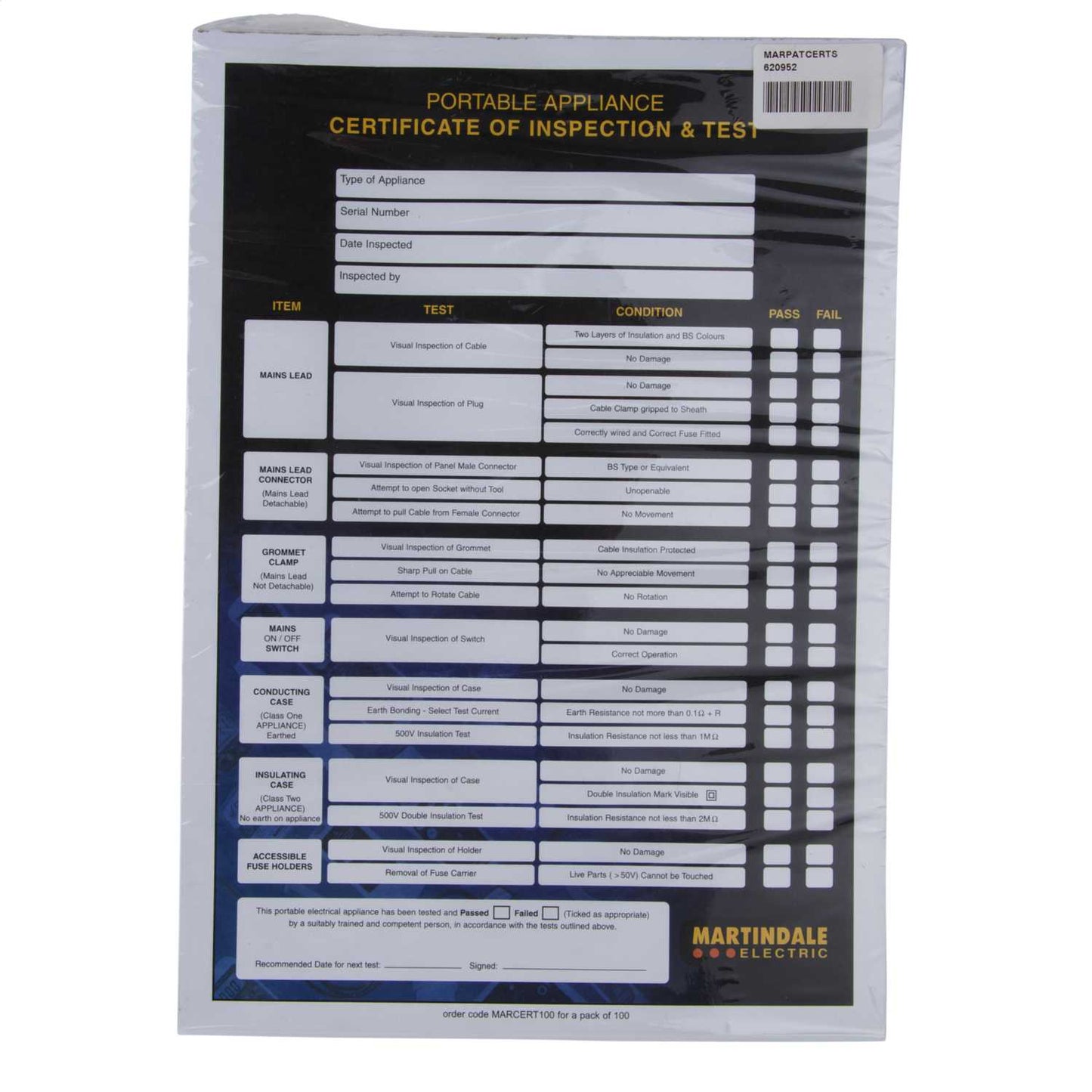 Martindale PAT Testing Inspection and Test Certificates
