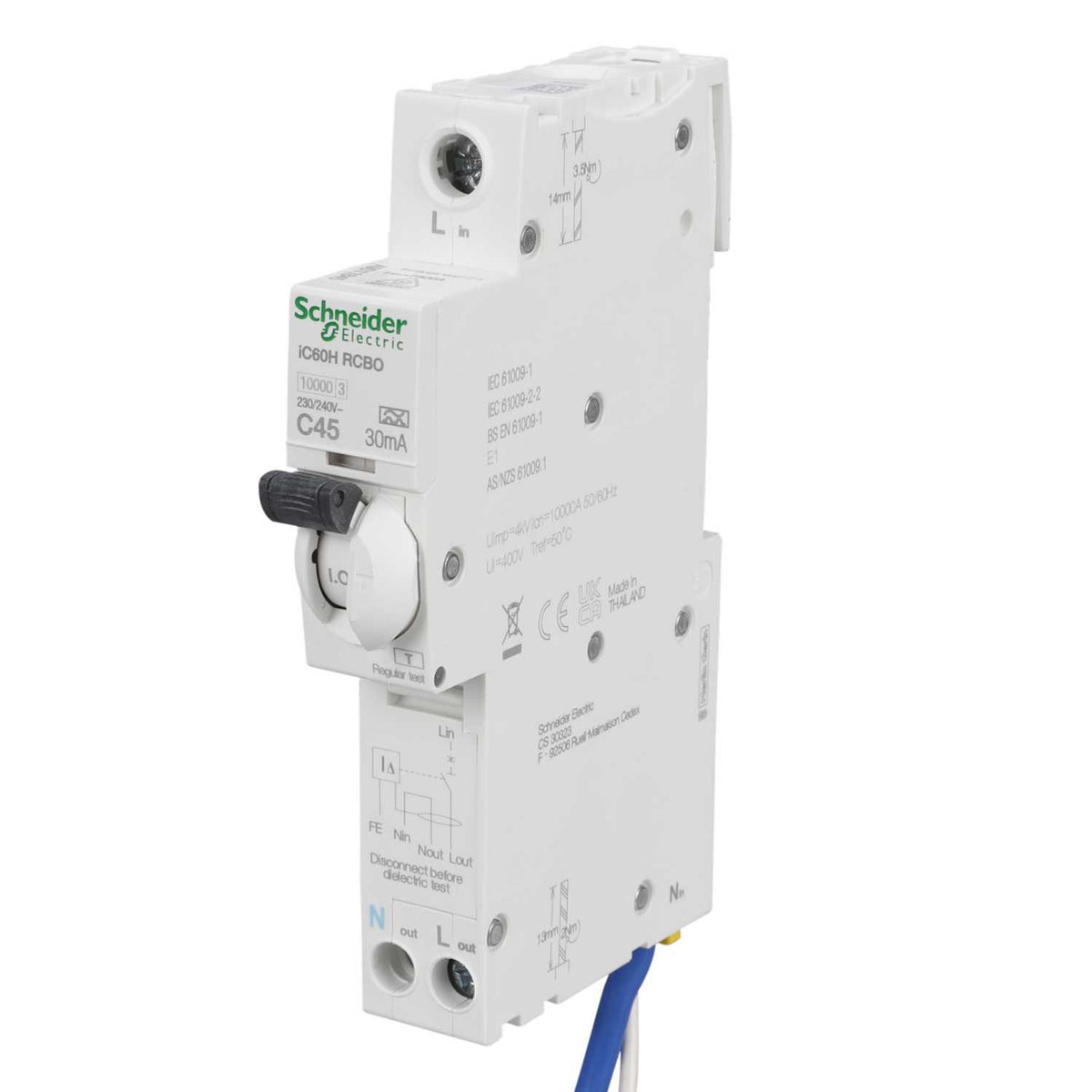 Schneider Acti9 45A 1P+N 1 Module C Curve 10kA 30mA Type A Rcbo