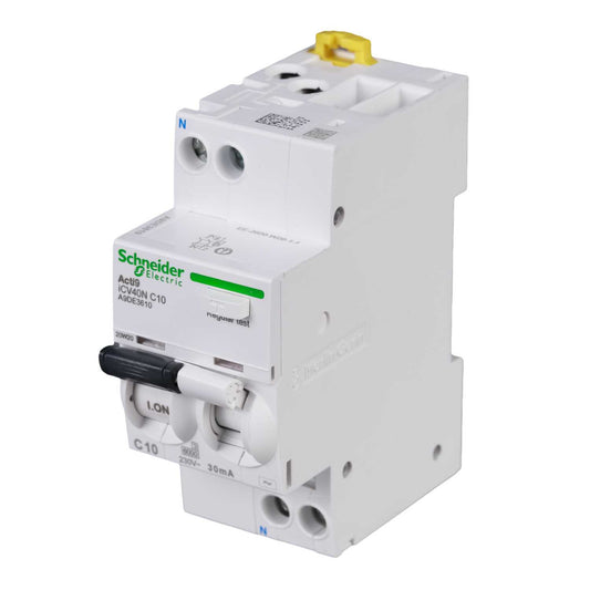 Schneider Acti9 10A 1P+N 2 Module C Curve 6kA 30mA Type AC Rcbo