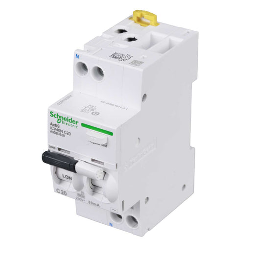 Schneider Acti9 20A 1P+N 2 Module C Curve 6kA 30mA Type AC Rcbo