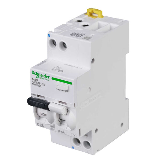 Schneider Acti9 25A 1P+N 2 Module C Curve 6kA 30mA Type AC Rcbo