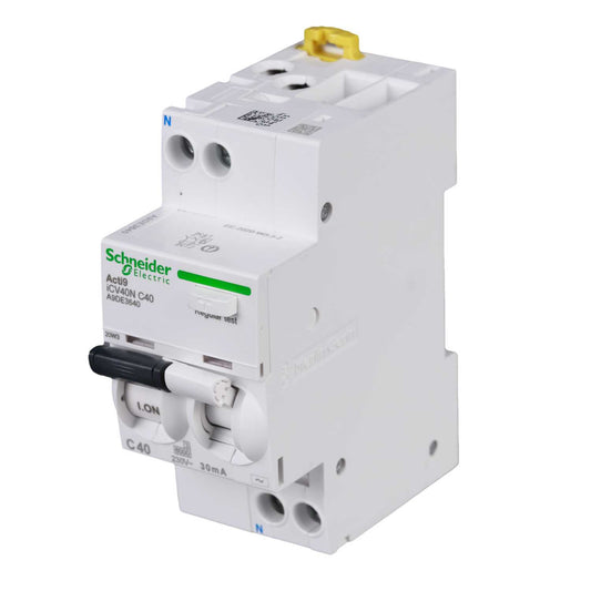 Schneider Acti9 40A 1P+N 2 Module C Curve 6kA 30mA Type AC Rcbo