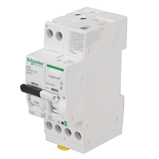 Schneider Acti9 20A 1P+N 2 Module C Curve 10kA 30mA Type A Afdd Combined Rcbo