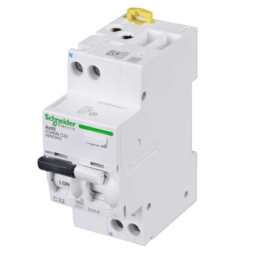 Schneider Acti9 32A 1P+N 2 Module C Curve 6kA 30mA Type AC Rcbo